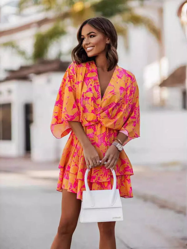 Layered Printed Surplice Tiered Mini Dress