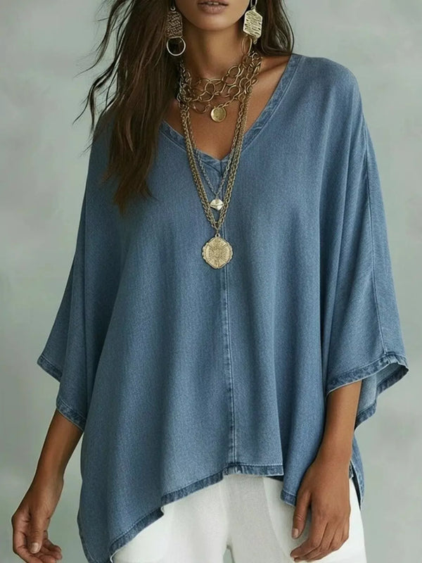 V-Neck Batwing Sleeve T-Shirt Polyester Basic Style