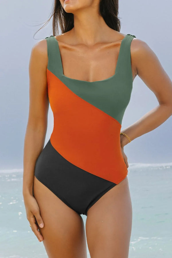 Color Block Padded Square Neck One-Piece Swimsuit