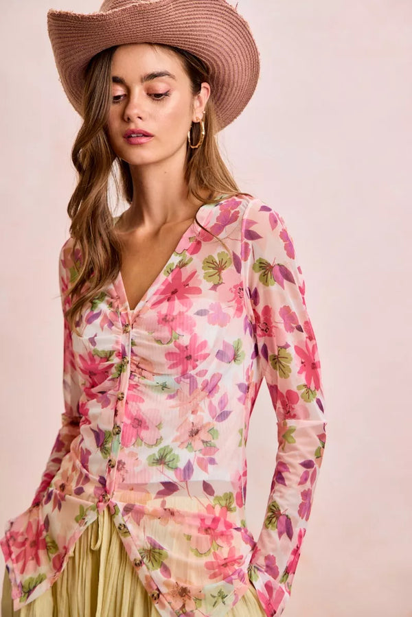 Floral Ruched Detail Sheer Mesh Button-Up Cardigan Top