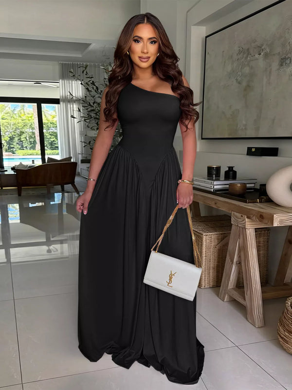 Ruched One-Shoulder Maxi Dress Polyester Stretch