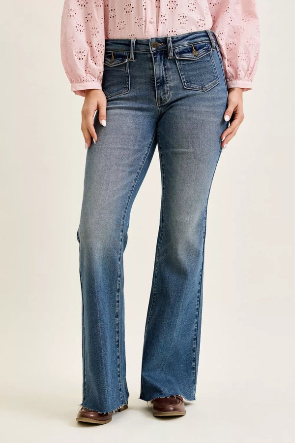 Mid Rise Flare Jeans with Front Flap Pockets and Raw Hem