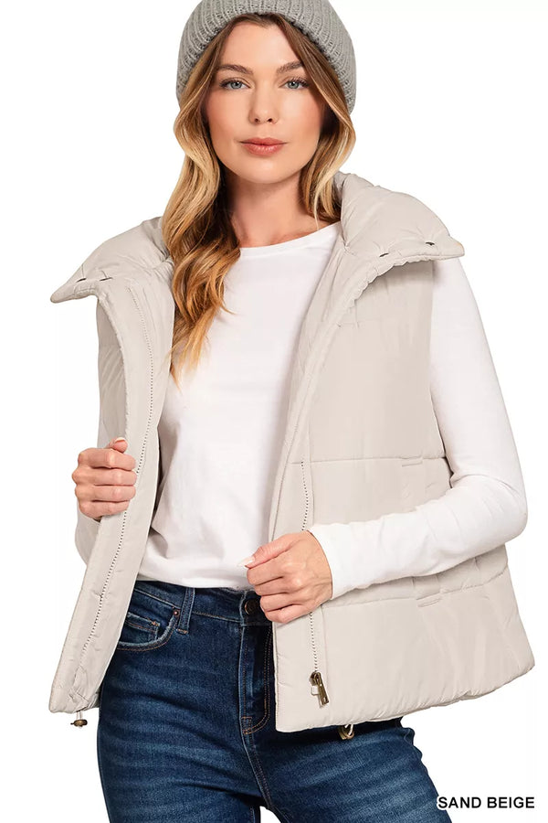 High Neck Zip-Up Vest Coat with Pockets and Lined Body