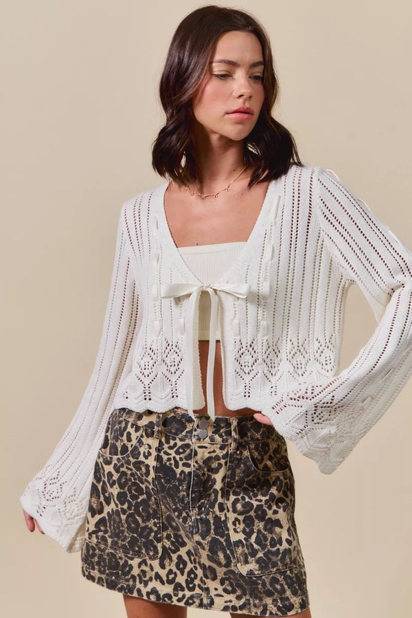 Textured Open Front Cardigan Sweater with Ribbon Tie