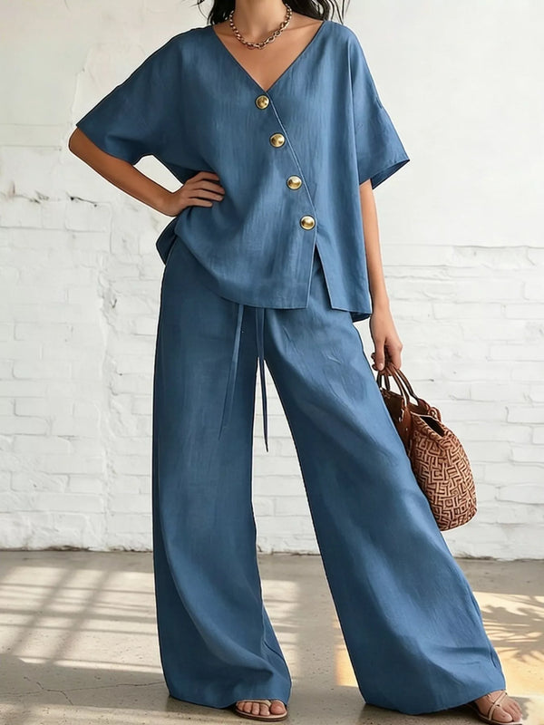 Surplice Half Sleeve Top and Wide-Leg Pants Two-Piece Set with Buttons and Tie Detail