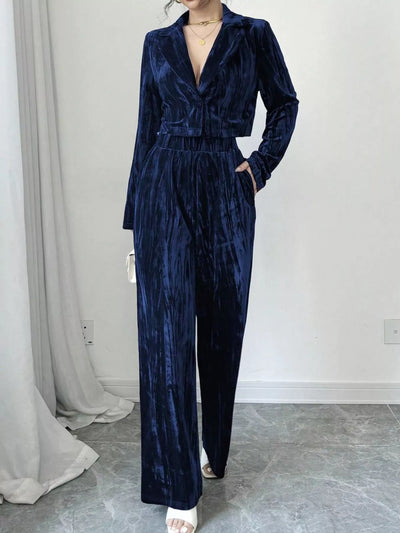 Pleated Velvet Blazer and Wide Leg Pants Set