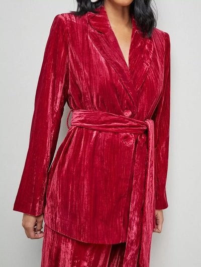Velvet Lapel Collar Blazer and Belted Pants Set