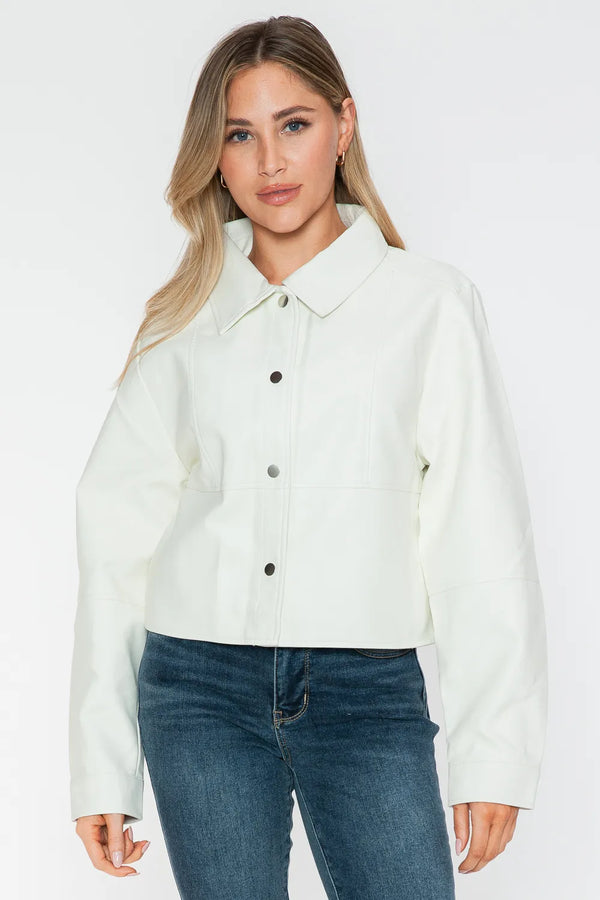 Snap-Down Long Sleeve PU Leather Jacket