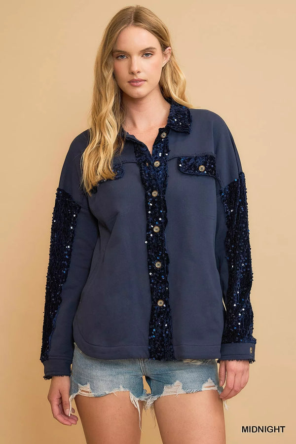 Sequined French Terry Jacket with V Neckline and Frayed Hem