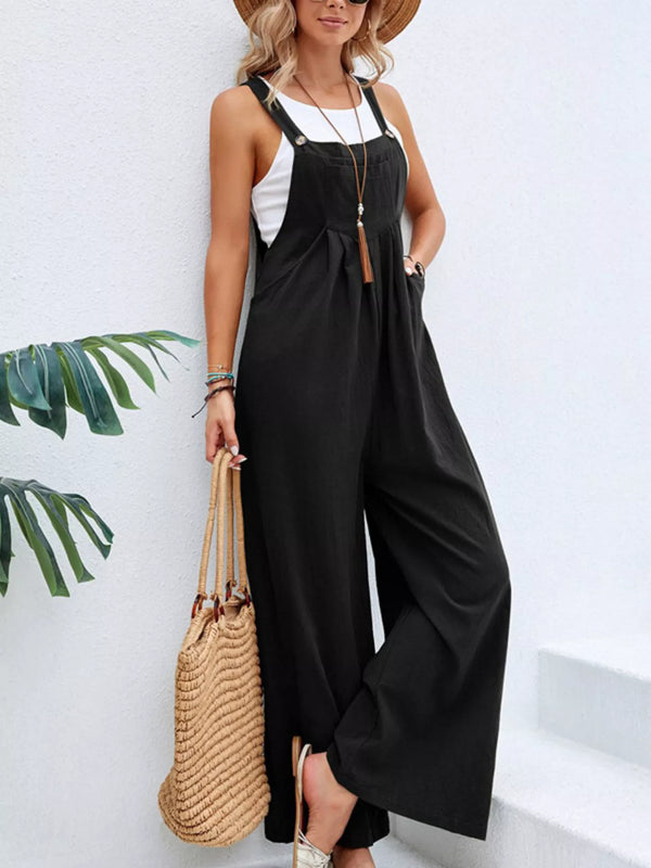 Casual Wide-Leg Overalls with Pockets Adjustable Buttoned Polyester