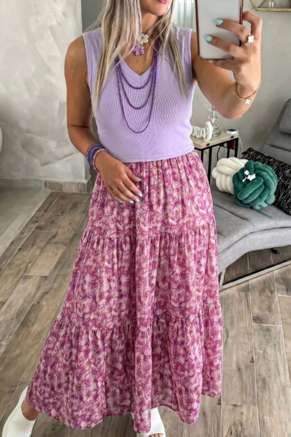 Ribbed V Neck Tank Floral Contrast Patchwork Dress