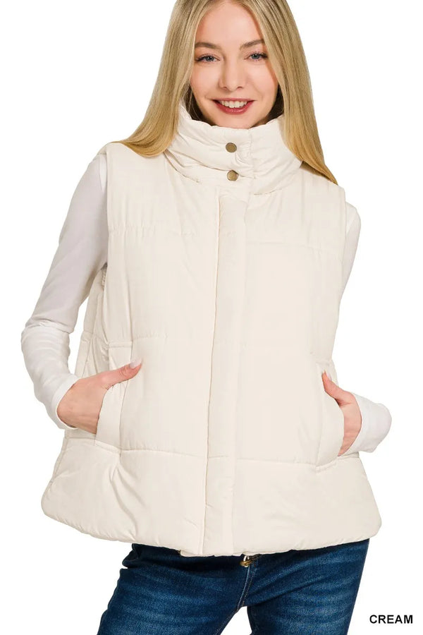 High Neck Zip-Up Vest Coat with Pockets