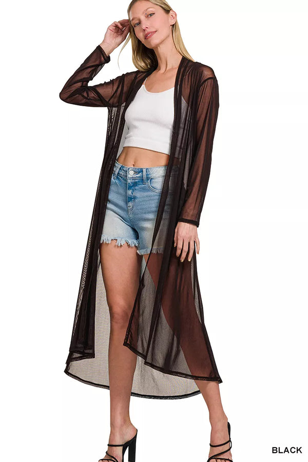 Mesh Open Front Cardigan with Long Sleeves