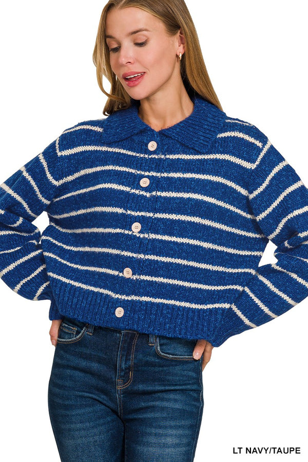 Striped Collared Button-Down Sweater Cardigan