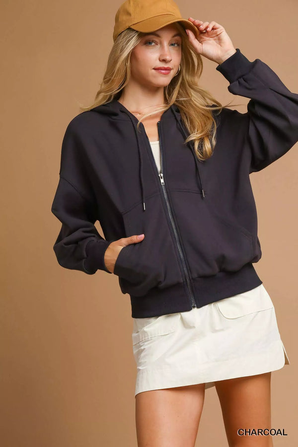 Zip-Up Fleece Hooded Jacket with Drawstring and Ribbed Cuffs