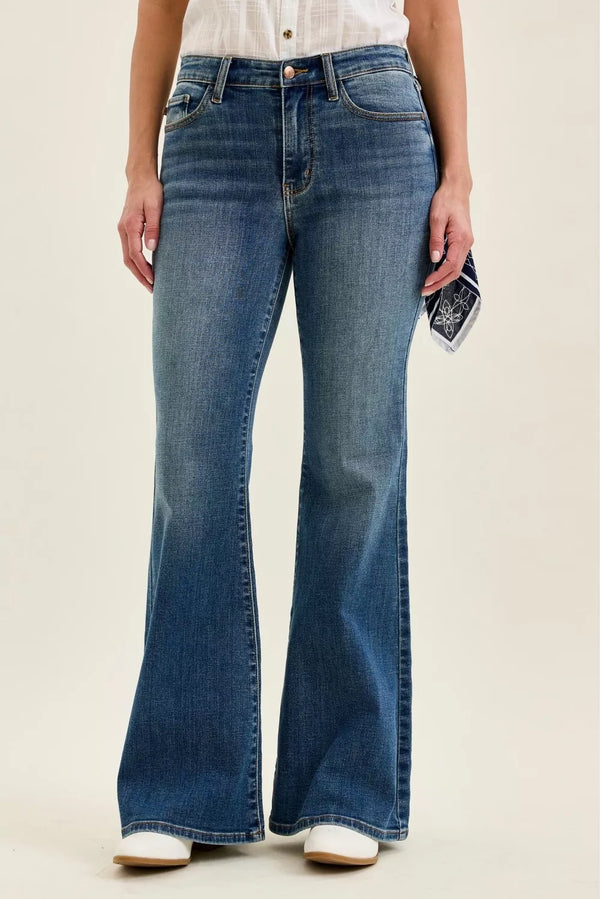 Mid Rise Jaqueline Flare Jeans with Triple Needle Back Pockets and Bandana Loop
