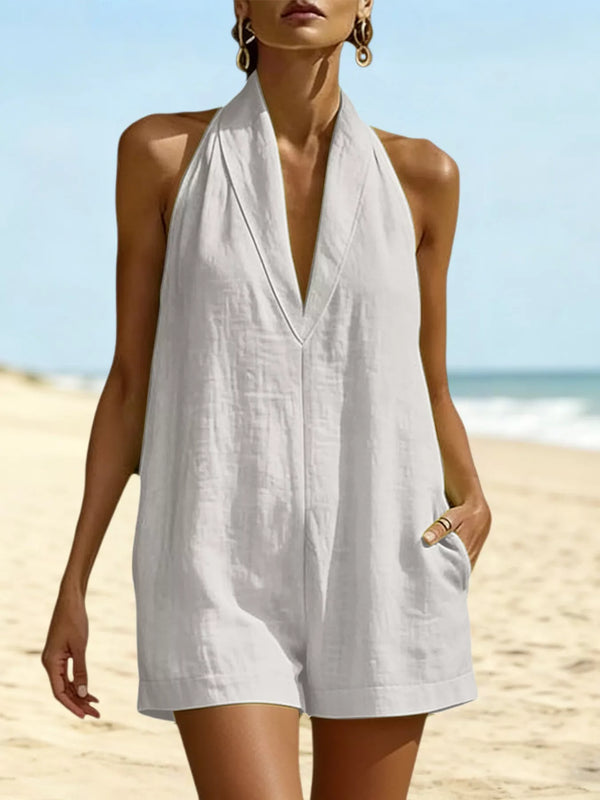 Halter Neck Romper with Pockets Polyester