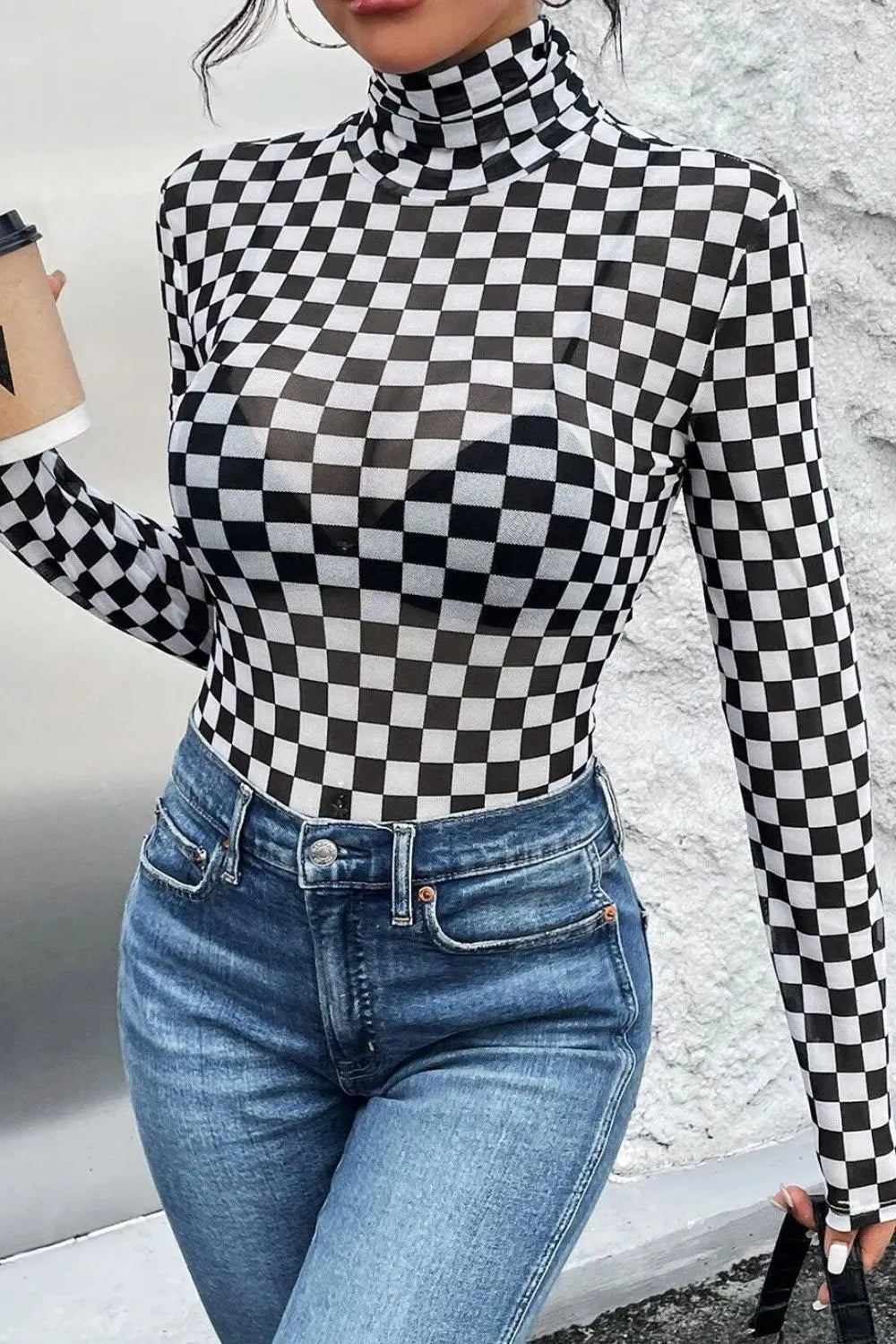 Checkered Turtleneck Long Sleeve Bodysuit Secondary image