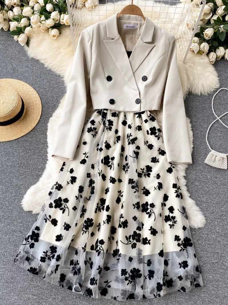 Floral Mesh Dress and Blazer Set with Slit Secondary image