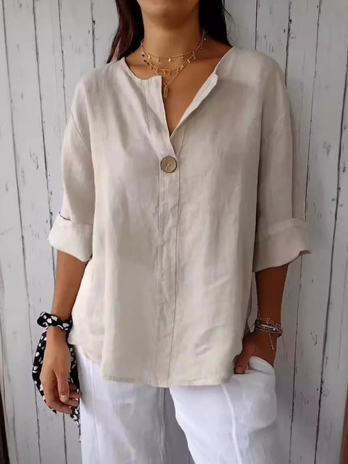 Linen Blend Notched Blouse Polyester Buttoned Sleeve Length Options