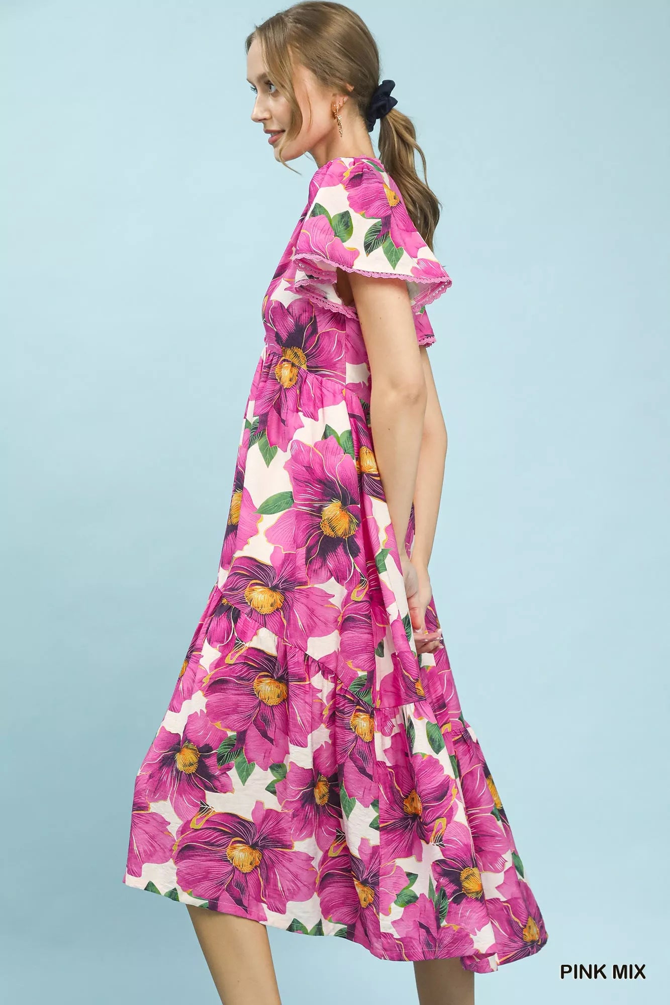 Umgee Tropical Floral V-Neck Flutter Sleeve Dress Secondary image