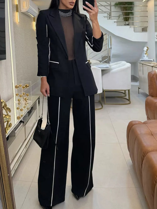 Contrast Trim Blazer and Wide Leg Pants Set