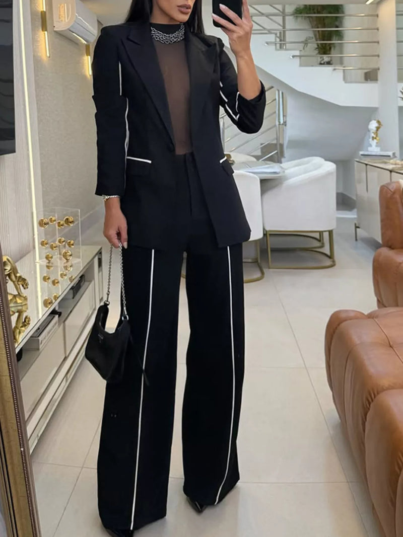 Contrast Trim Blazer and Wide Leg Pants Set Main image