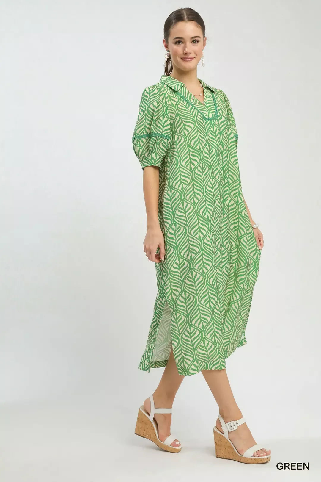 Umgee Printed Puff Sleeve Midi Dress with Pockets Secondary image
