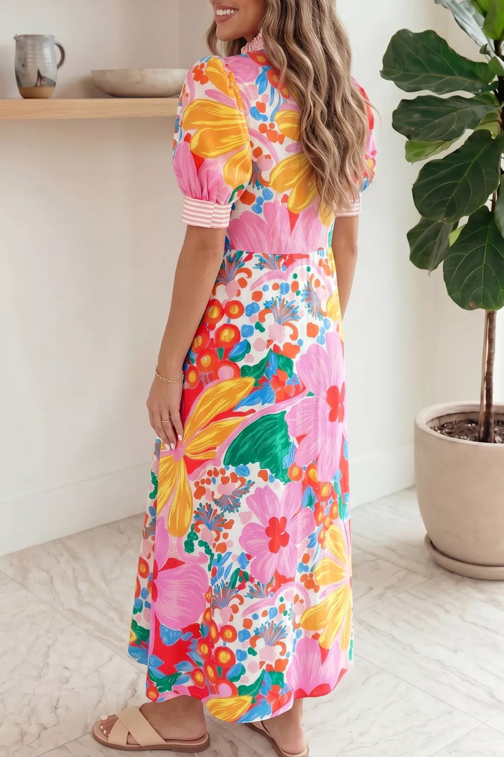 Floral Print Striped Trim Maxi Dress Secondary image