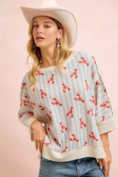 4th of July Lobsters Stripe Waffle Knit Sleeve Top