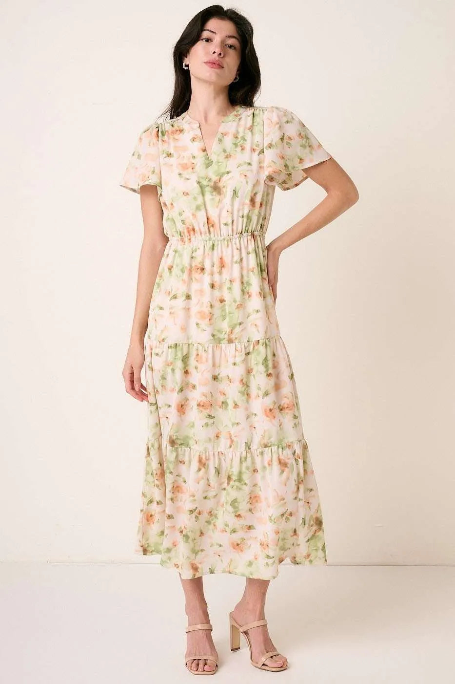 Mittoshop Flower Print Flutter Sleeve V Slit Maxi Dress Secondary image