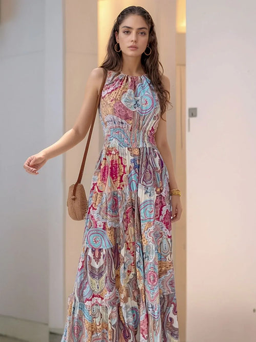 Printed Halter Neck Tiered Backless Maxi Dress