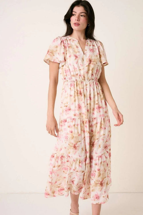 Flower Print Flutter Sleeve V-Slit Tiered Maxi Dress