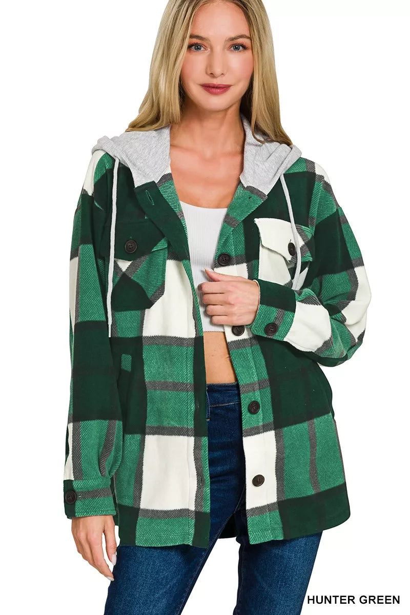 Plaid Drawstring Hooded Fleece Shacket with Pockets and Buttons Secondary image