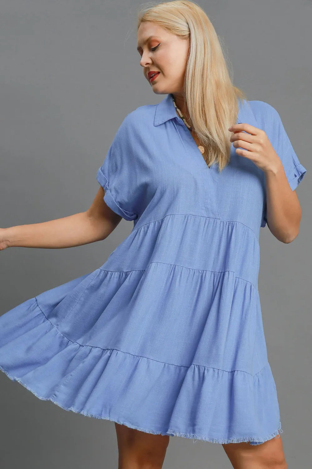 Umgee Raw Hem Folded Sleeve Tiered Dress Secondary image