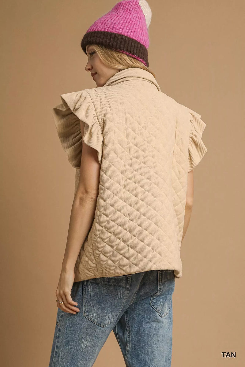 Corduroy Quilted Ruffle Sleeve Vest with Snap Buttons and Pockets Secondary image