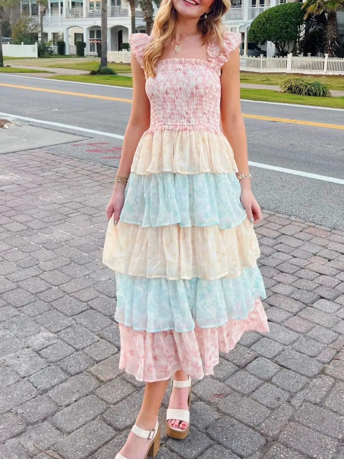 Smocked Ruffle Layered Floral Midi Dress Secondary image