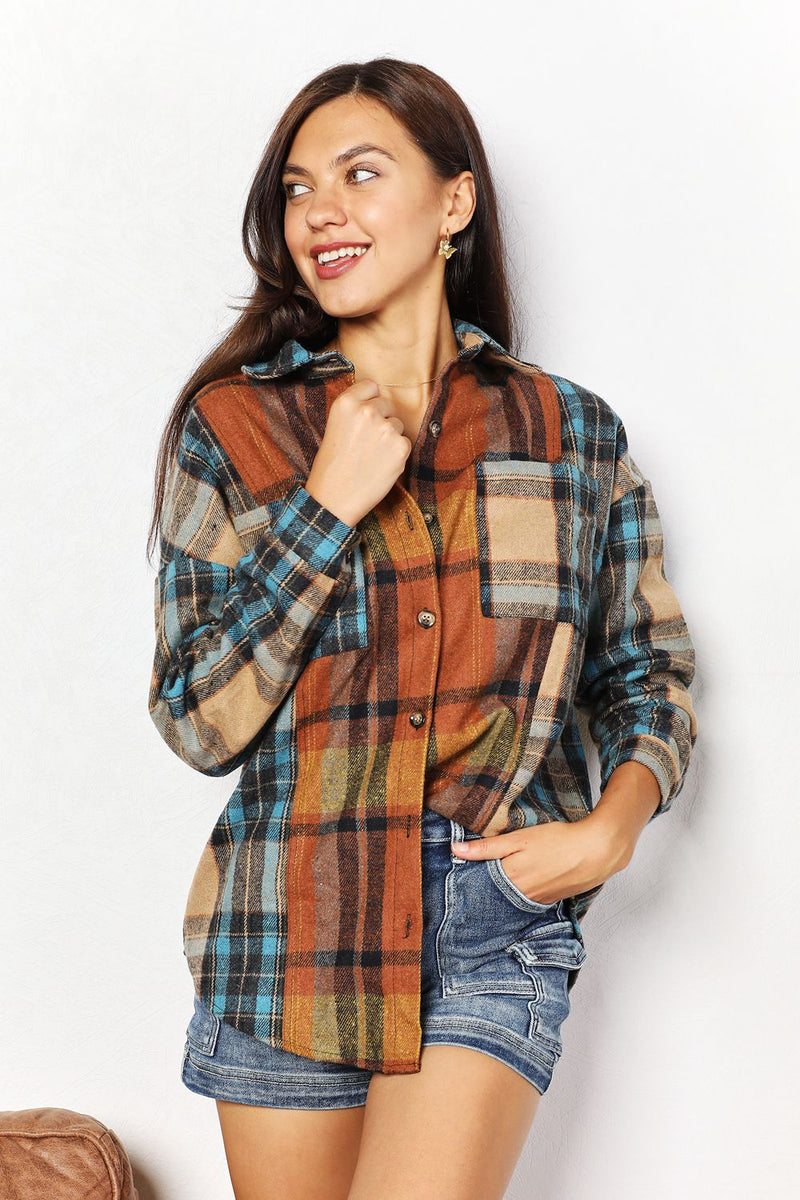 Plaid Curved Hem Shirt Jacket with Breast Pockets and Collared Neckline Main image