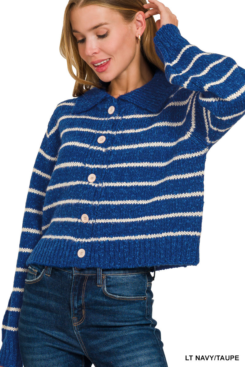Striped Collared Button-Down Sweater Cardigan Secondary image