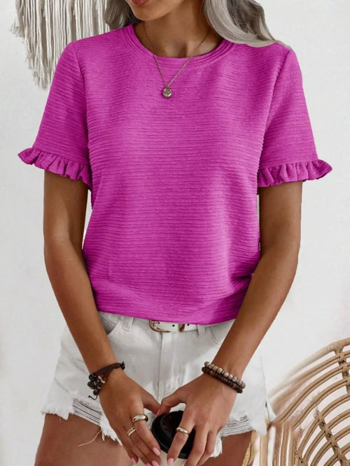 Round Neck T-Shirt with Textured Ruffle Sleeves