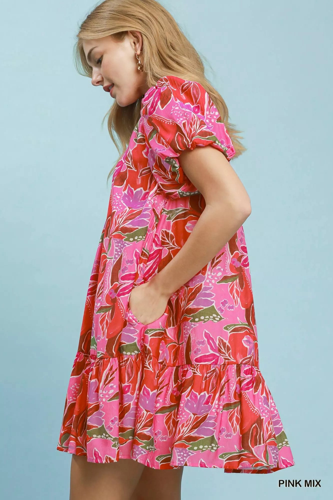 Umgee Tropical Floral Puff Sleeve Mini Dress Secondary image