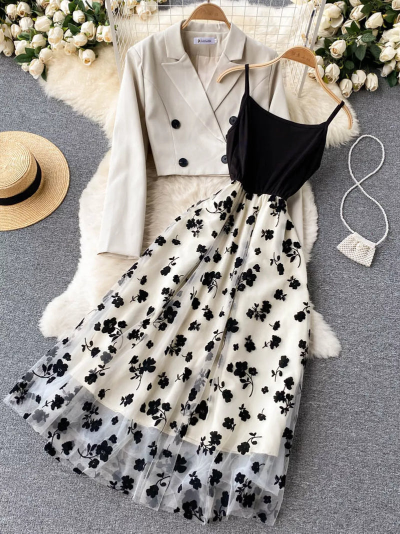 Floral Mesh Dress and Blazer Set with Slit Main image