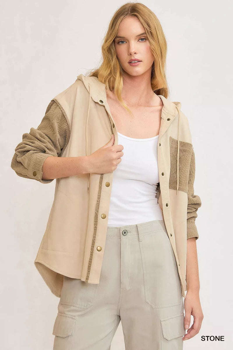 Washed French Terry Shacket with Buttoned Pockets and Drawstring Main image