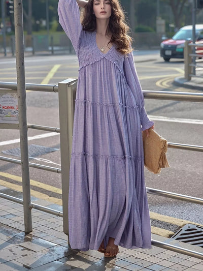 V-Neck Long Sleeve Tiered Maxi Dress with Smocked Bodice