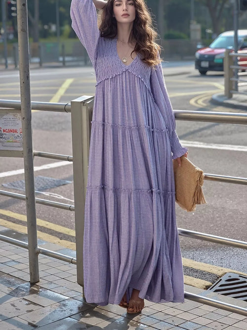 V-Neck Long Sleeve Tiered Maxi Dress with Smocked Bodice