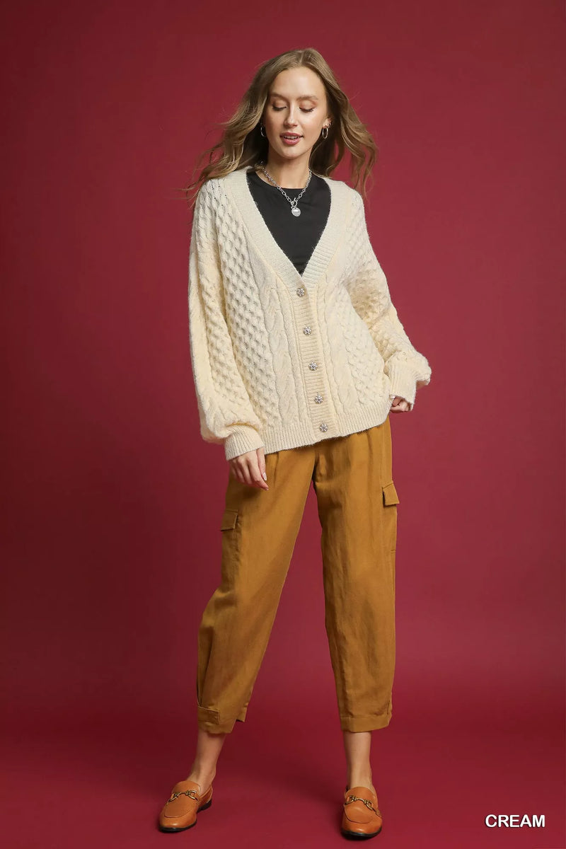 Cable Knit Pearl Button Cardigan with Balloon Sleeves Secondary image