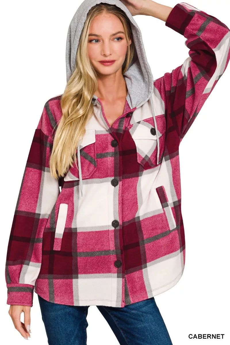 Plaid Drawstring Hooded Fleece Shacket with Pockets and Buttons Secondary image
