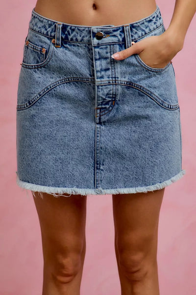 Washed Denim Mini Skirt with Floral Contrast Pockets
