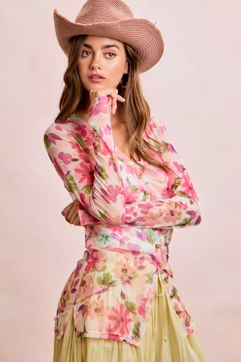 Floral Ruched Detail Sheer Mesh Button-Up Cardigan Top Secondary image