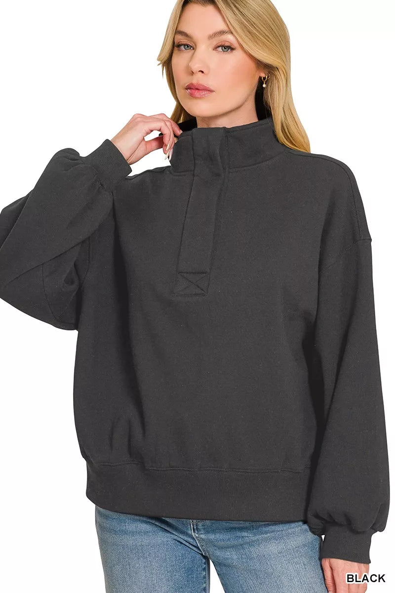 Fleece Half Snap Button Sweatshirt with Drawstring and Stretch Secondary image